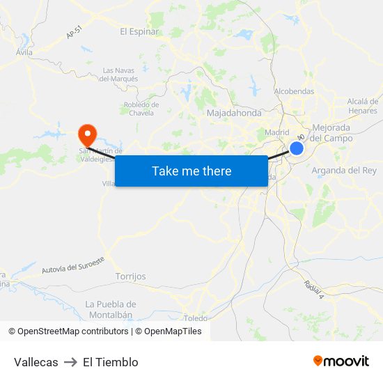 Vallecas to El Tiemblo map
