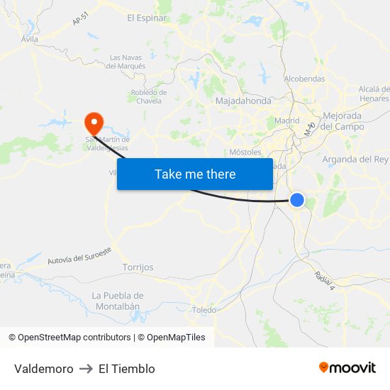 Valdemoro to El Tiemblo map