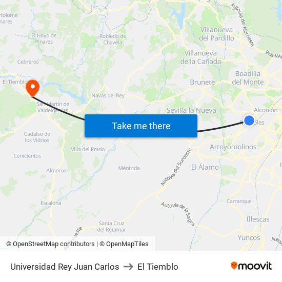 Universidad Rey Juan Carlos to El Tiemblo map