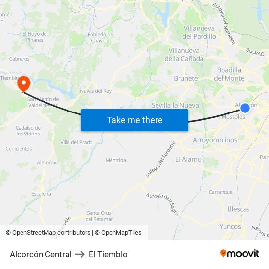 Alcorcón Central to El Tiemblo map