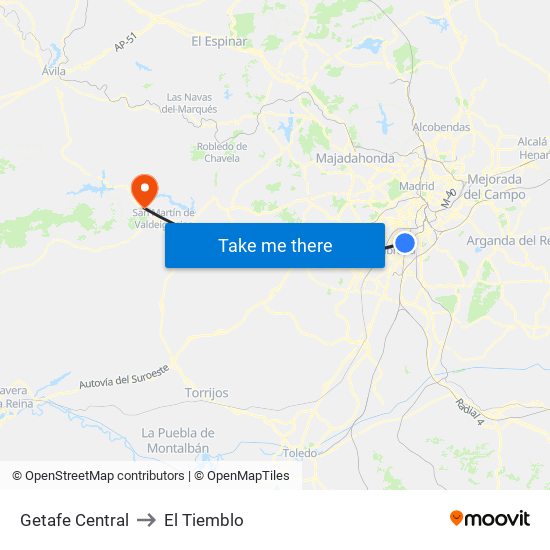 Getafe Central to El Tiemblo map