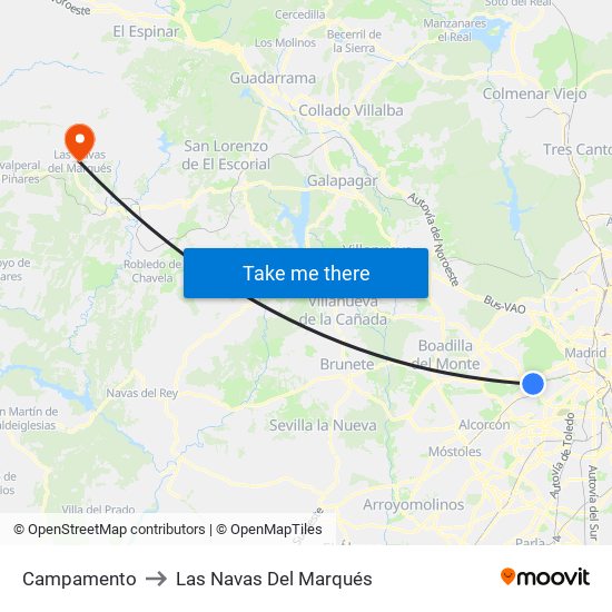 Campamento to Las Navas Del Marqués map