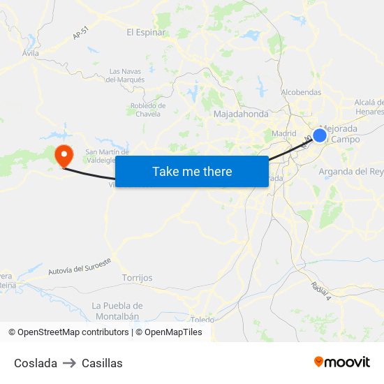Coslada to Casillas map