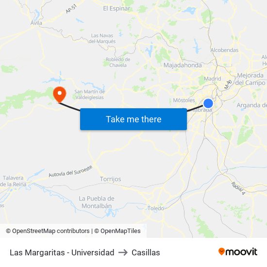 Las Margaritas - Universidad to Casillas map