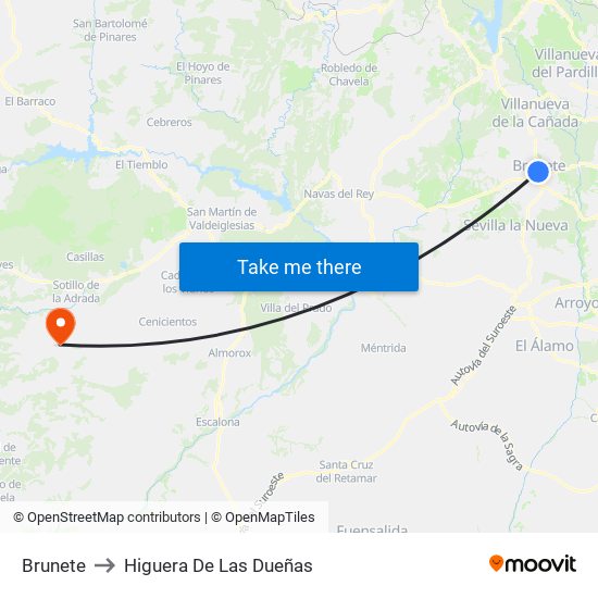 Brunete to Higuera De Las Dueñas map