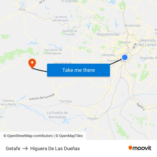 Getafe to Higuera De Las Dueñas map