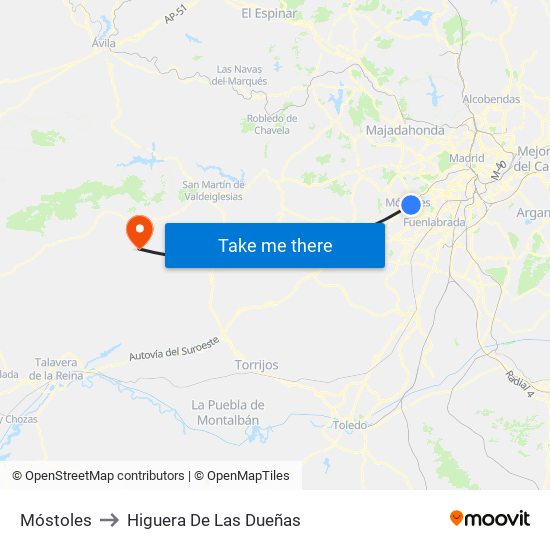 Móstoles to Higuera De Las Dueñas map