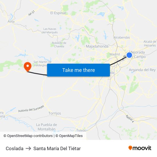 Coslada to Santa María Del Tiétar map