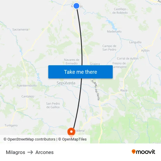 Milagros to Arcones map