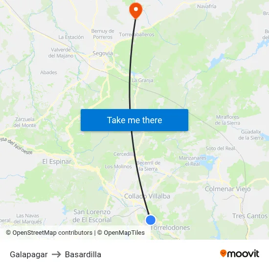 Galapagar to Basardilla map