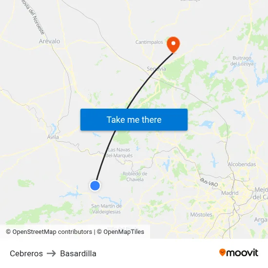 Cebreros to Basardilla map