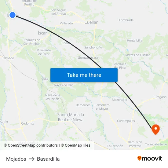 Mojados to Basardilla map