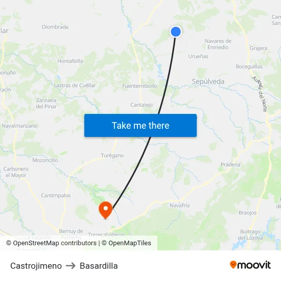 Castrojimeno to Basardilla map