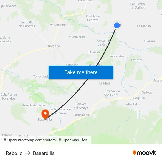 Rebollo to Basardilla map