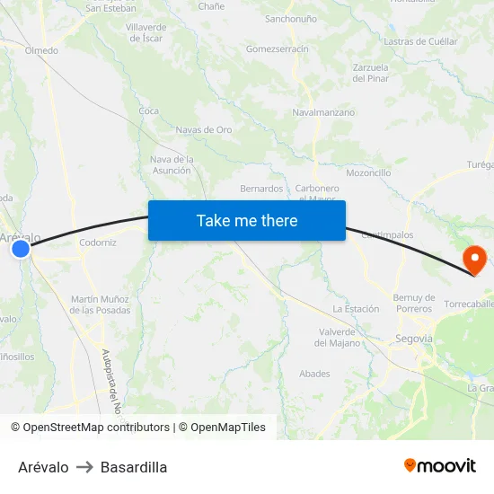 Arévalo to Basardilla map