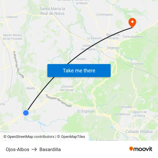 Ojos-Albos to Basardilla map