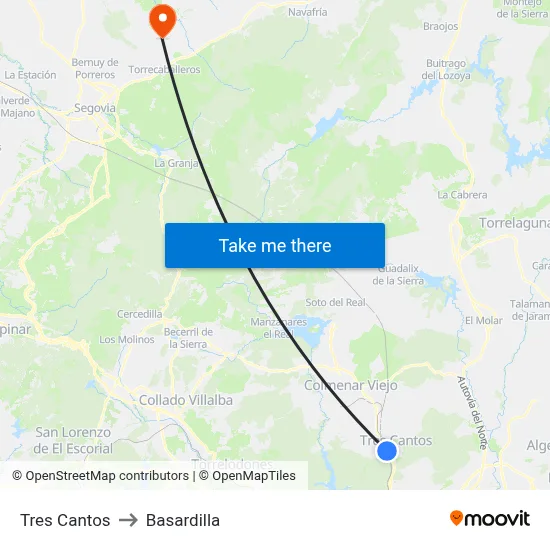 Tres Cantos to Basardilla map