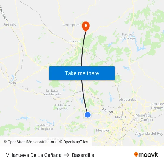 Villanueva De La Cañada to Basardilla map