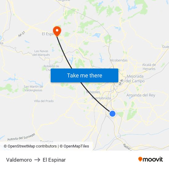Valdemoro to El Espinar map