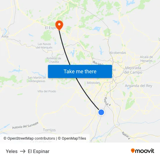 Yeles to El Espinar map