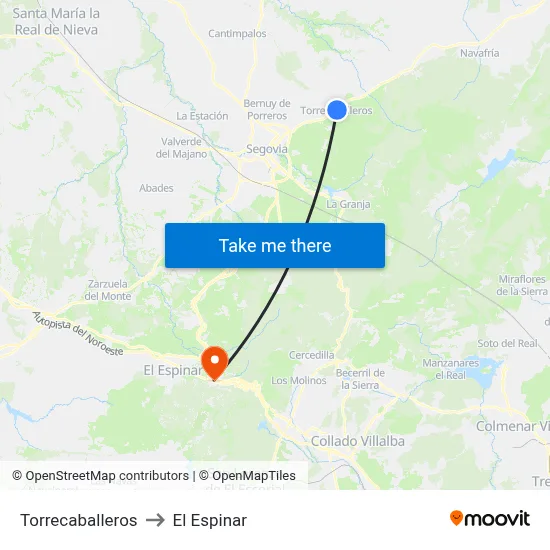 Torrecaballeros to El Espinar map