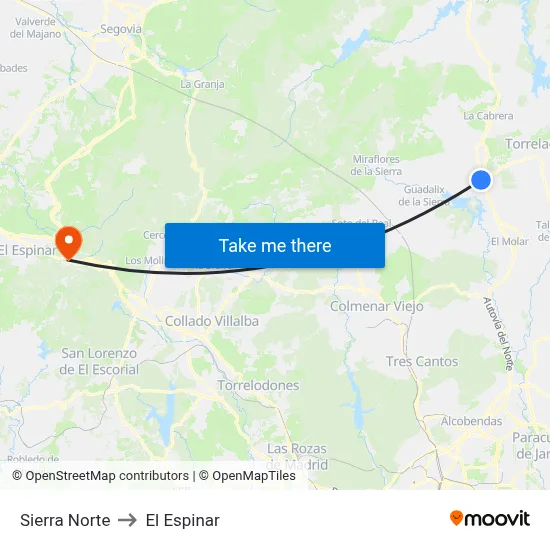 Sierra Norte to El Espinar map