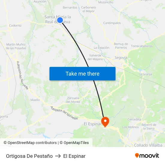 Ortigosa De Pestaño to El Espinar map