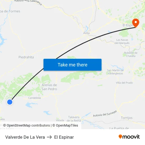 Valverde De La Vera to El Espinar map