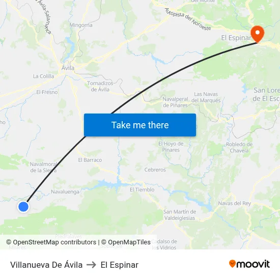 Villanueva De Ávila to El Espinar map