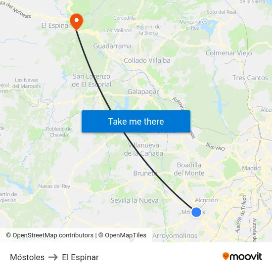 Móstoles to El Espinar map