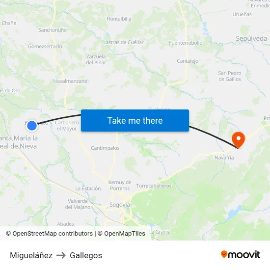 Migueláñez to Gallegos map