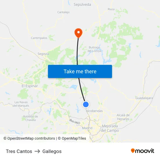 Tres Cantos to Gallegos map