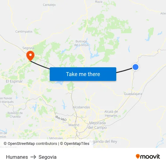 Humanes to Segovia map
