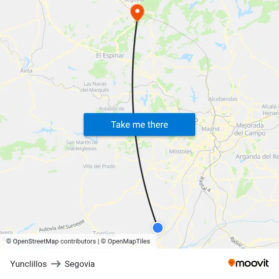 Yunclillos to Segovia map