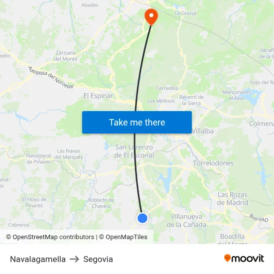 Navalagamella to Segovia map