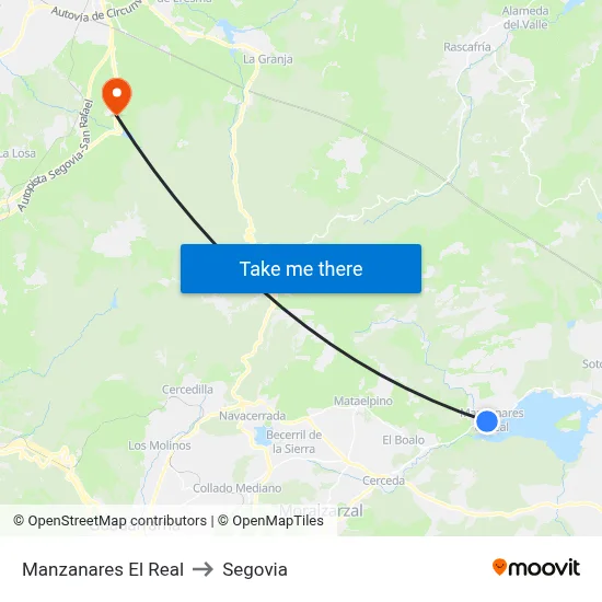 Manzanares El Real to Segovia map