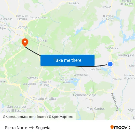 Sierra Norte to Segovia map