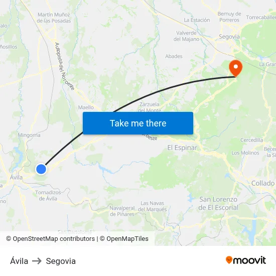 Ávila to Segovia map