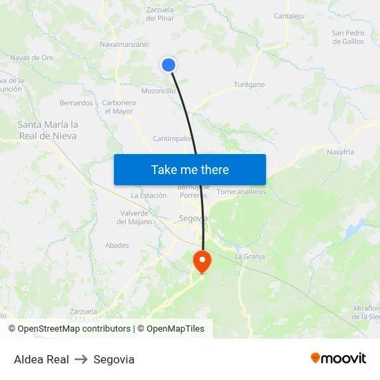 Aldea Real to Segovia map