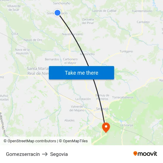 Gomezserracín to Segovia map