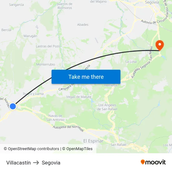 Villacastín to Segovia map