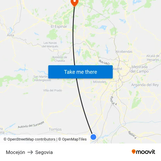 Mocejón to Segovia map