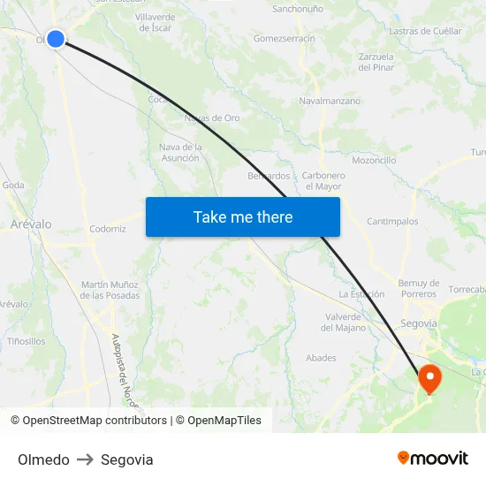 Olmedo to Segovia map