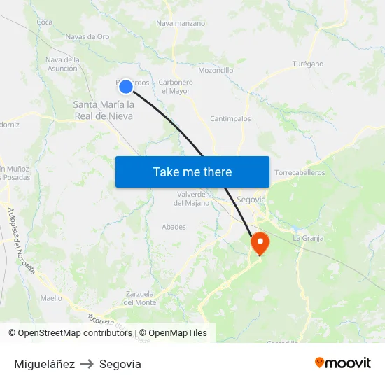Migueláñez to Segovia map