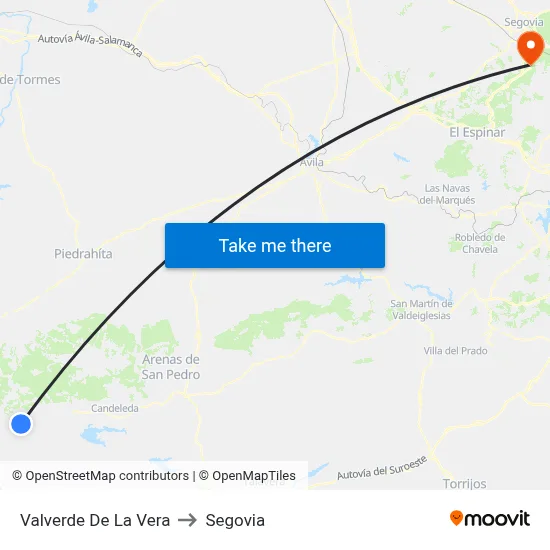 Valverde De La Vera to Segovia map