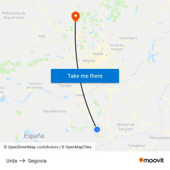 Urda to Segovia map