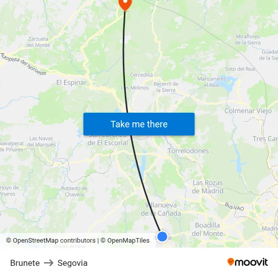 Brunete to Segovia map