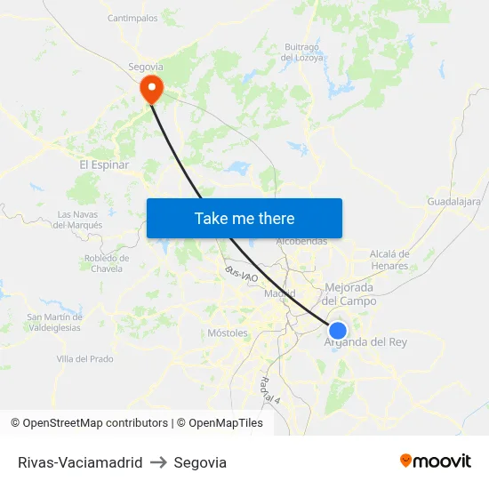 Rivas-Vaciamadrid to Segovia map