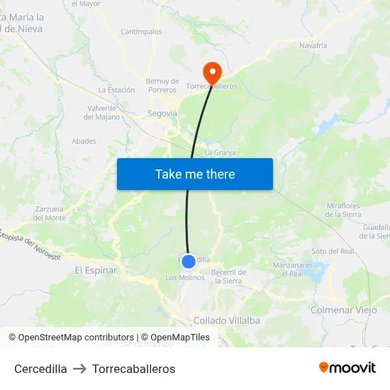 Cercedilla to Torrecaballeros map