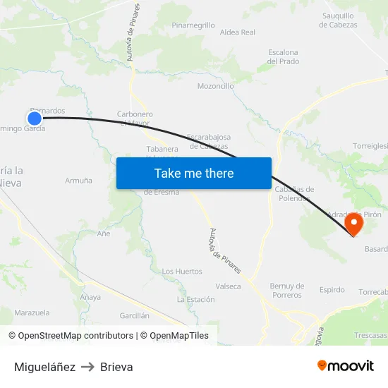 Migueláñez to Brieva map